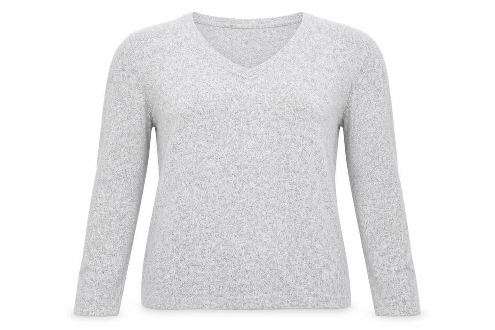 Front view of Avenue women’s grey v-neck viscose jumper, size UK 12