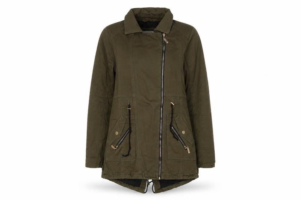 Front view of Miss Unique women’s green parka jacket, size UK 8, zip