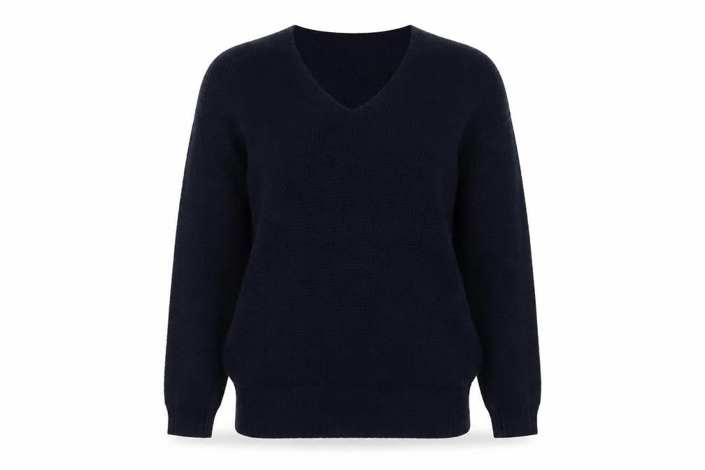 Front view of Nada Del Riccio women’s blue v-neck acrylic jumper, size S