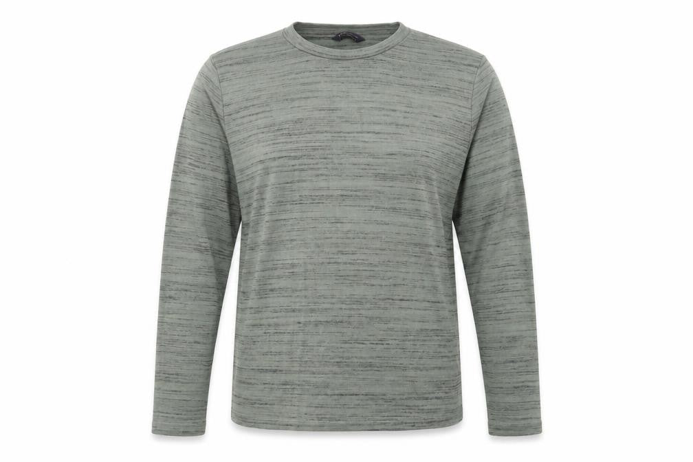 Front view of Marks & Spencer women’s green crew neck striped polyester jumper, size UK 16