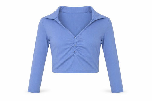 Front view of Fashion Us women’s blue polyester cropped blouse, size UK 14, collared