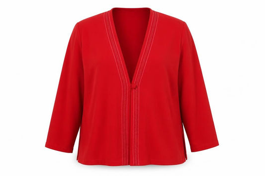 Front view of Ashley Collection women’s red jacket blazer, size XL, button