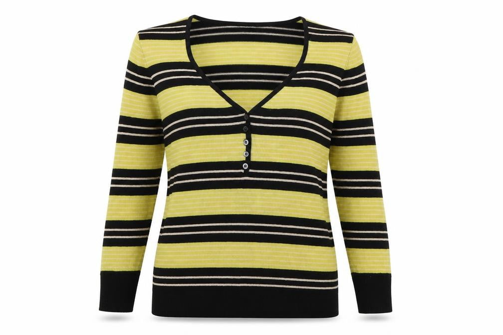 Front view of Planet women’s green striped viscose basic t-shirt, size S, v-neck