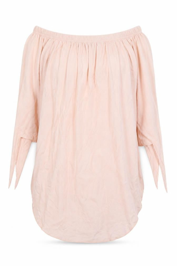 Front view of Cherry Couture women’s pink viscose basic blouse, size M, off the shoulder