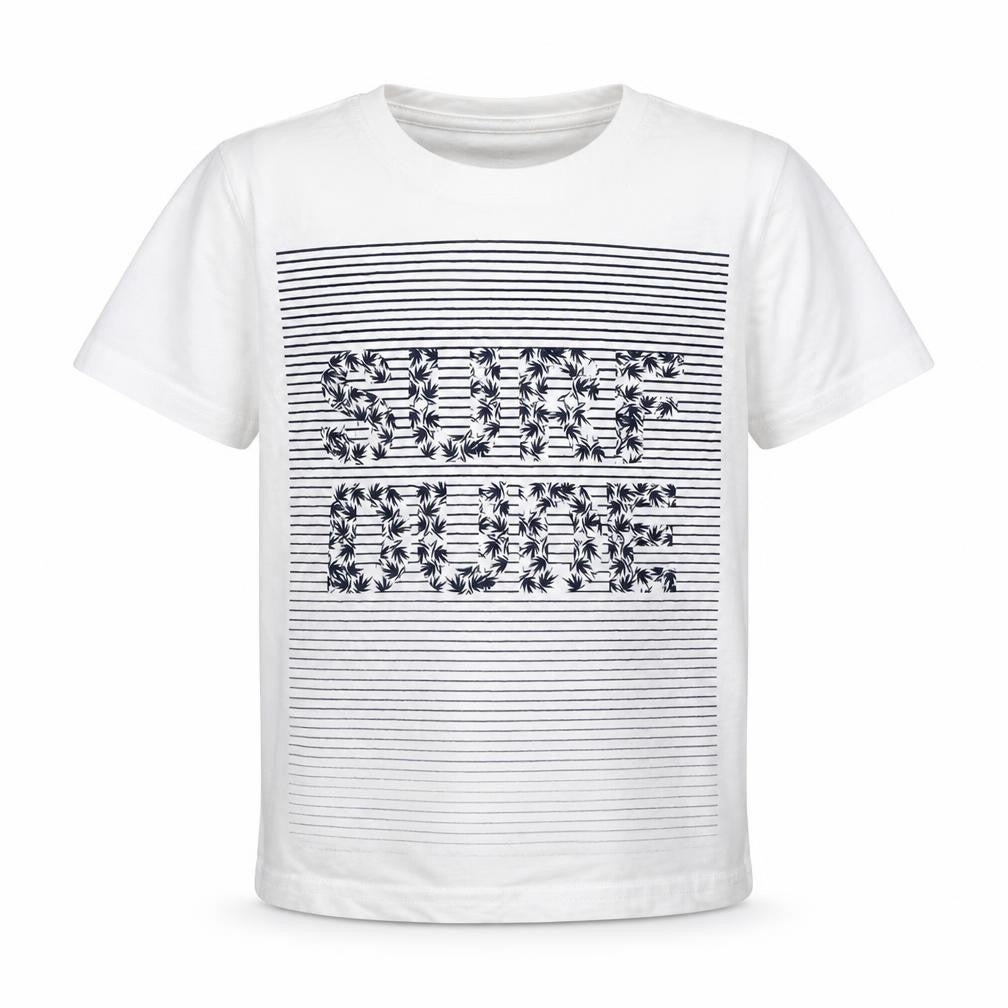 Front view of Primark boys’ white cotton basic t-shirt, size 18-24, months crew neck pullover - surf dude