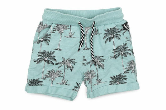 Front view of Feetje boys’ blue cotton sweatpants, size 18, months drawstring - palm tree print shorts