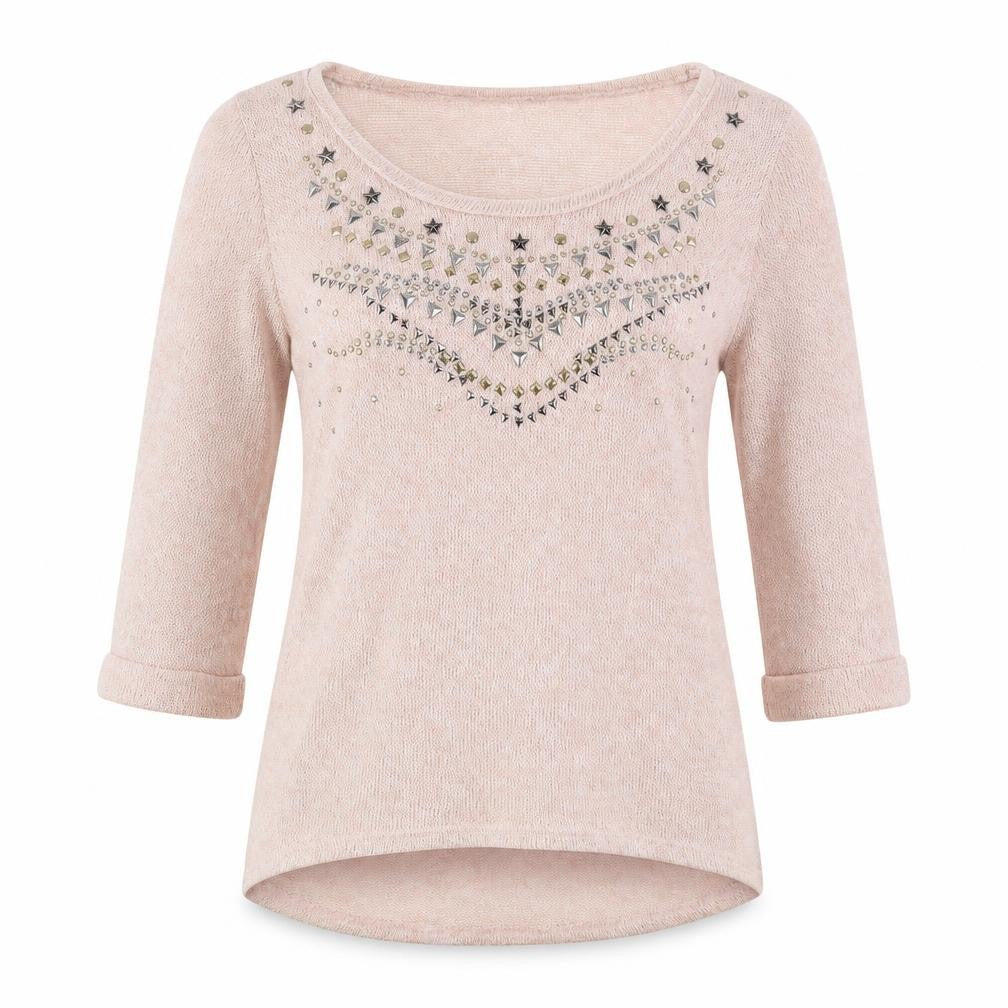 Front view of New Look women’s pink round neck viscose jumper, size UK 8