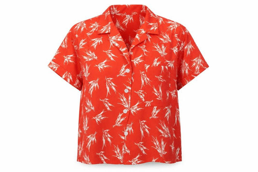 Front view of I Love H81 women’s red polyester basic button-up, size L, collared