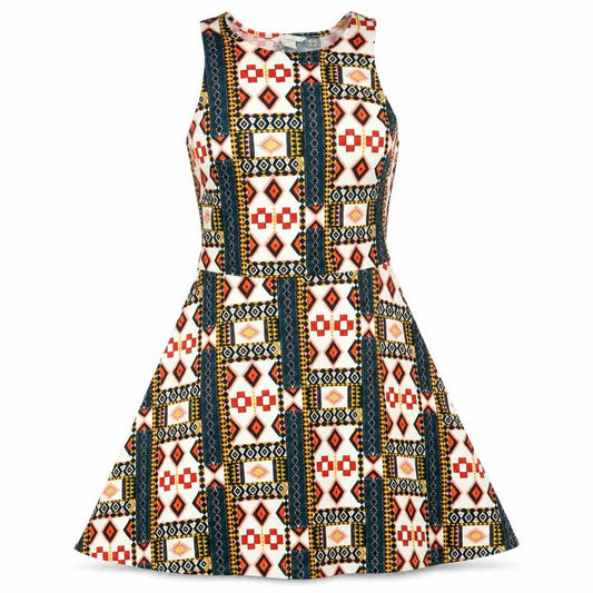 Front view of H&M women’s orange geometric polyester fit & flare, size M, round neck