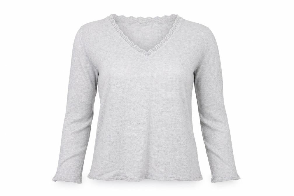 Front view of Stradivarius women’s grey v-neck acrylic jumper, size M