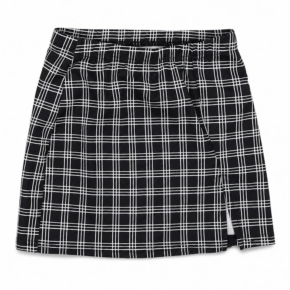 Front view of SHEIN women’s blue check polyester a-line skirt, size XS
