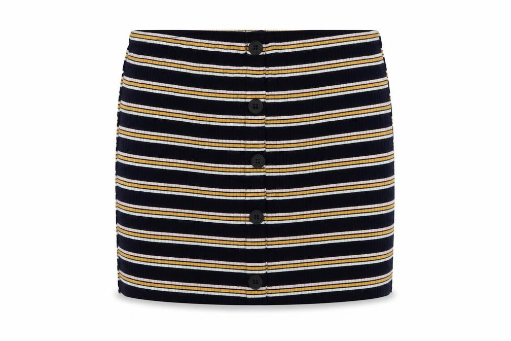 Front view of New Look women’s blue striped polyester tunic tank, size UK 12, one shoulder