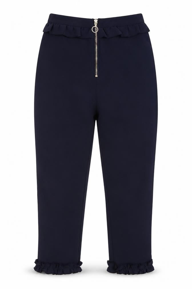 Front view of River Island girls’ blue polyester capri trousers, size 9, months regular zip