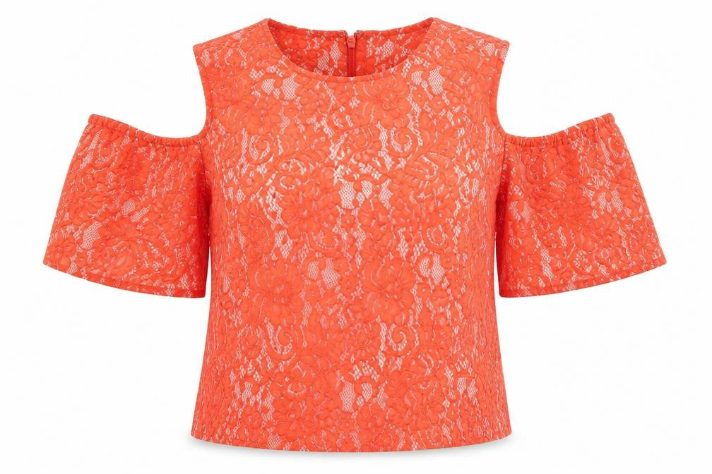 Front view of Warehouse women’s orange geometric cotton basic blouse, size UK 8, crew neck - cold shoudler