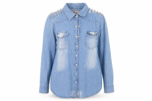 Front view of jovonista women’s blue cotton basic button-up, size UK 8, collared