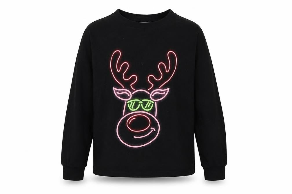 Front view of Next girls’ black cotton basic casual, size 7, years crew neck pullover - reindeer