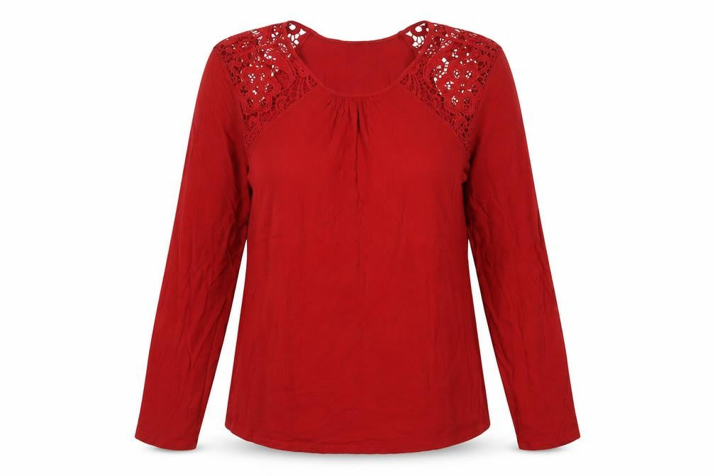 Front view of H&M women’s red viscose basic blouse, size M, crew neck - lace detail