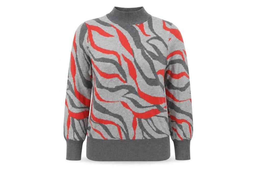 Front view of Marks & Spencer women’s grey mock neck geometric viscose jumper, size S