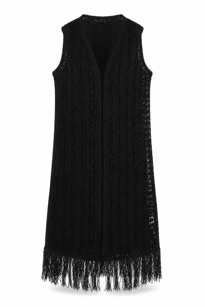 Front view of Primark women’s black v-neck polyester vest jumper, size UK 8