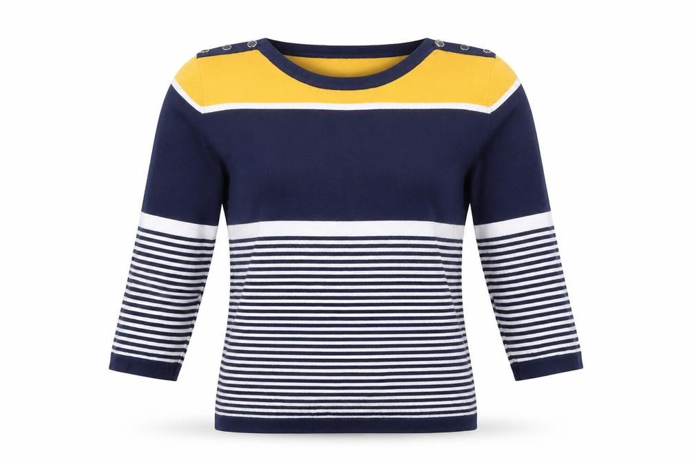 Front view of Preworn women’s blue boat neck striped jumper, size L