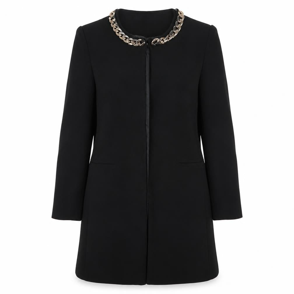 Front view of Missguided women’s black overcoat blazer, size UK 8, hook & eye