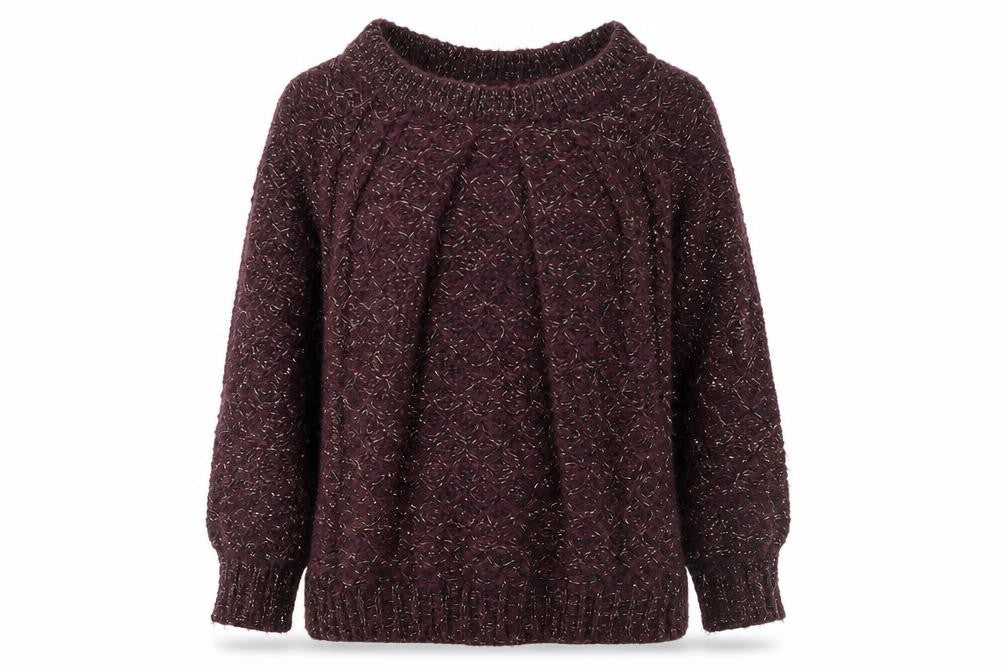 Front view of Atmosphere women’s purple boat neck acrylic jumper, size UK 8
