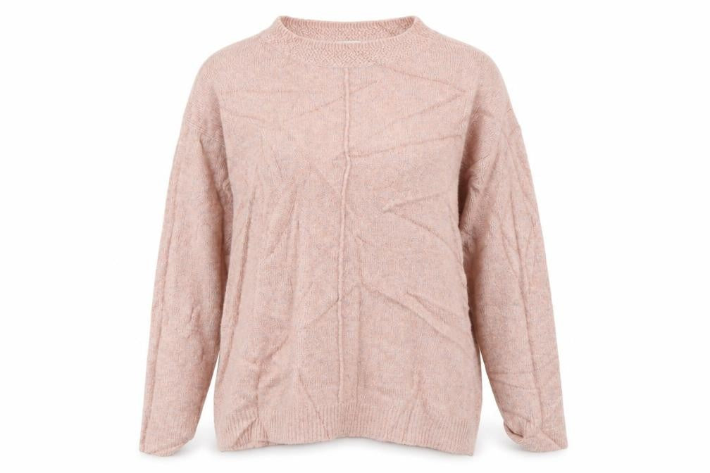 Front view of Monsoon women’s pink crew neck acrylic jumper, size S