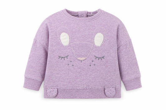 Front view of Next girls’ purple cotton jumper, size 0-3, months pullover - mouse