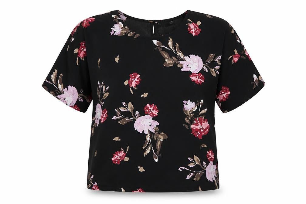 Front view of Body Flirt women’s black floral polyester basic blouse, size UK 12, roll neck