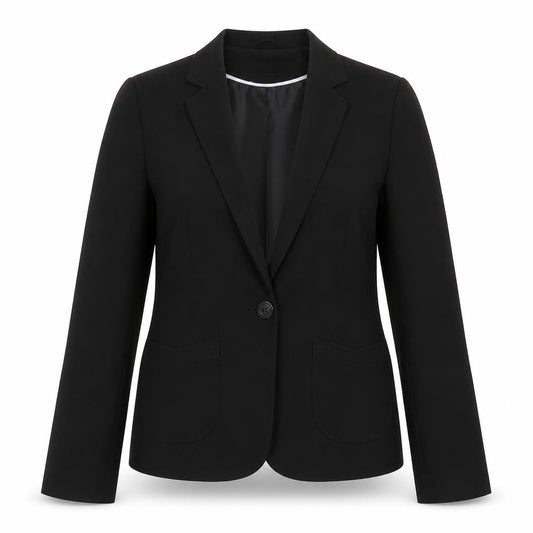 Front view of Select women’s black polyester jacket suit jacket, size UK 14