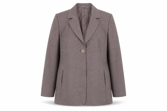 Front view of Country Casuals women’s pink houndstooth polyester jacket blazer, size UK 14
