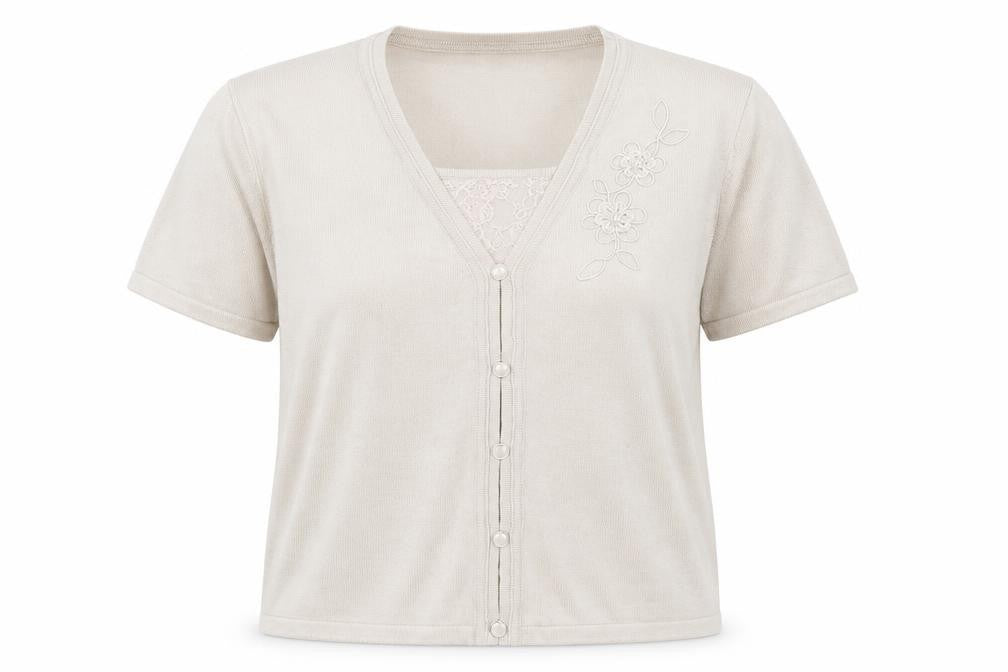 Front view of Bonmarché women’s beige v-neck acrylic jumper, size L