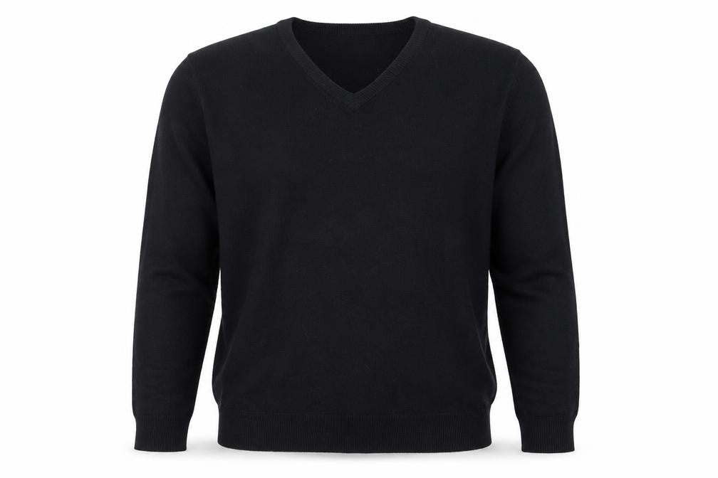 Front view of Cedarwood State men’s blue v-neck acrylic jumper, size S