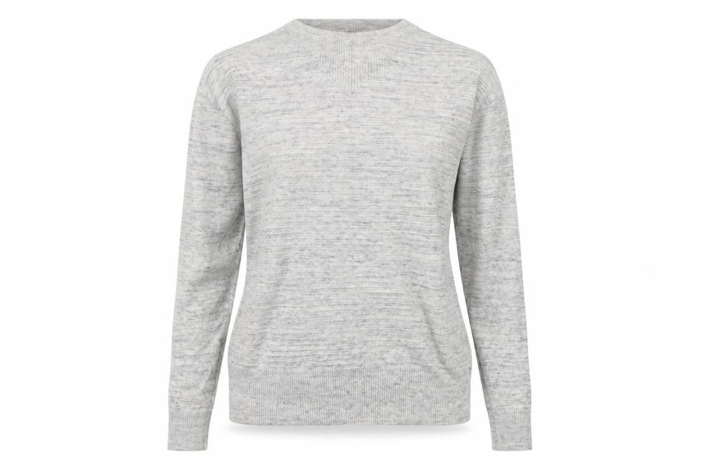 Front view of Next women’s grey crew neck striped viscose jumper, size UK 6