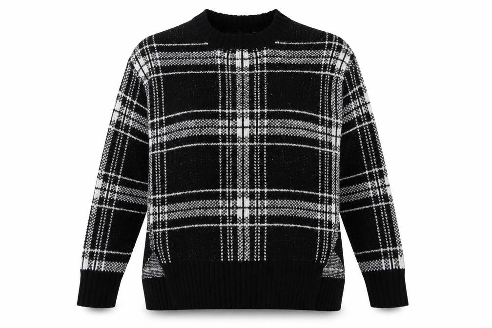 Front view of Marks & Spencer women’s black crew neck check acrylic jumper, size S