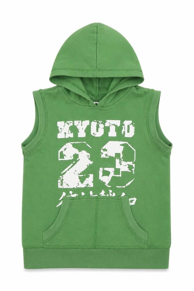 Front view of M&Co boys’ green polyester pullover hoodie, size 7-8, years pullover