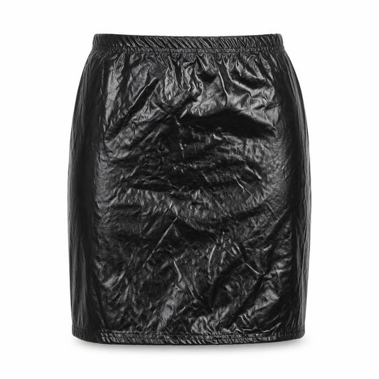 Front view of PRETTYLITTLETHING women’s black polyester a-line skirt, size UK 10