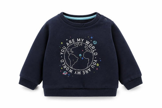 Front view of F&F girls’ blue cotton jumper, size 6-9, months pullover - you are my world