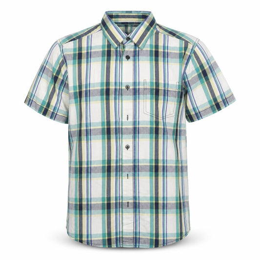 Front view of East men’s multicoloured plaid cotton button-up, size M, collared
