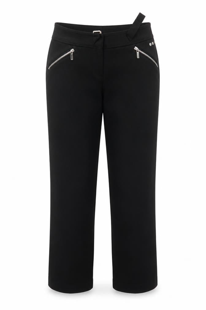Front view of Eva & Claudi women’s black polyester dress pants trousers, size UK 30, 29-inch leg regular hook & loop