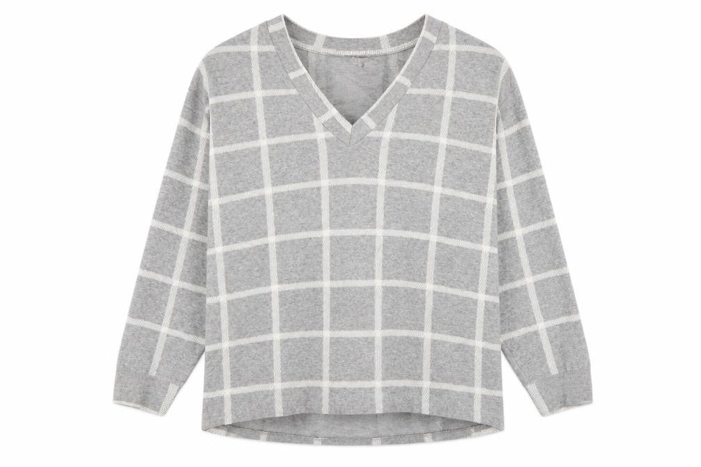 Front view of River Island women’s grey check polyester pullover sweatshirt, size UK 12, pullover