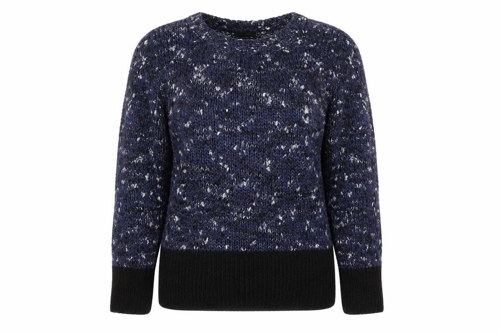 Front view of Mango women’s blue round neck acrylic jumper, size S