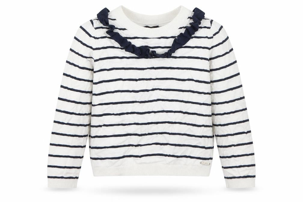Front view of Autograph girls’ white crew neck striped viscose jumper, size 5-6, years pullover