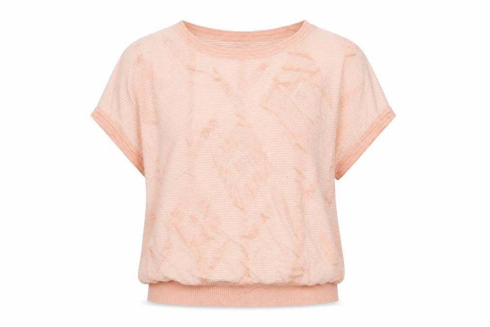 Front view of Preworn women’s pink roll neck geometric polyester jumper, size UK 10