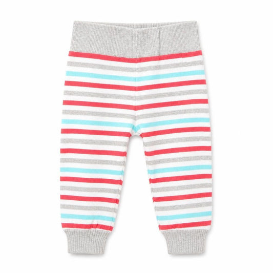 Front view of Toffyhouse girls’ multicoloured striped cotton jogger trousers, size 6-9, months