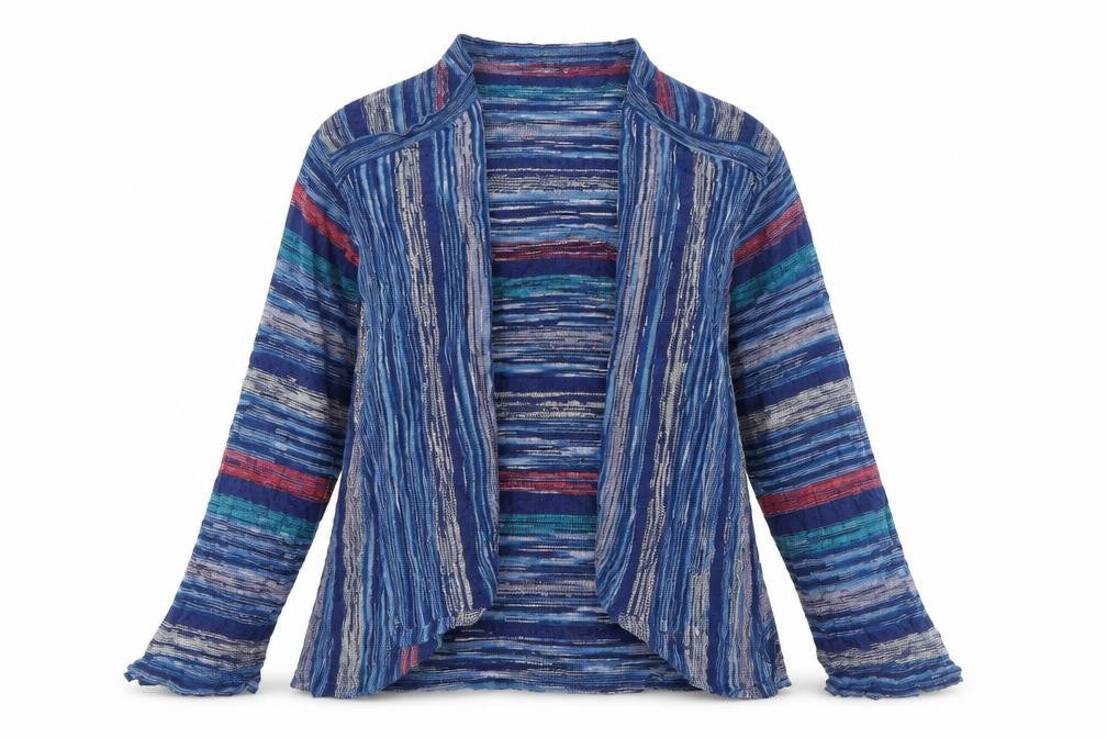 Front view of East women’s blue v-neck striped polyester cardigan jumper, size S