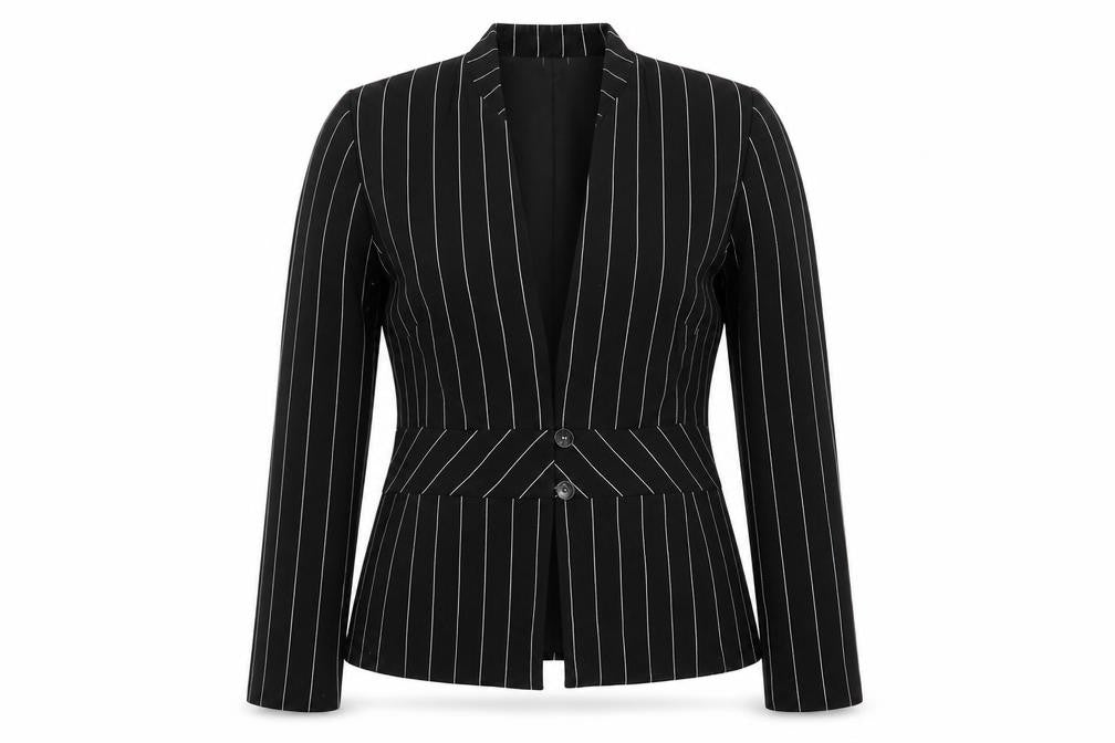Front view of Roman women’s black striped polyester jacket suit jacket, size UK 14