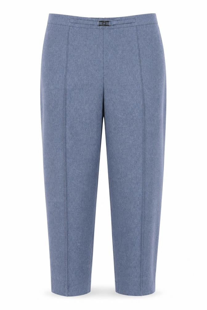 Front view of Simply Be women’s blue polyester trousers, size UK 12, 26-inch leg regular