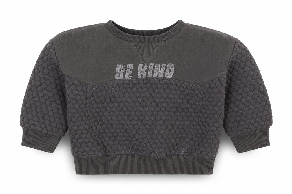 Front view of Primark boys’ grey cotton basic t-shirt, size 0-3, months crew neck pullover - be kind