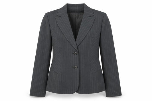 Front view of George women’s grey striped polyester jacket suit jacket, size UK 14